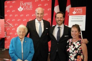 From left: Former mayor of Mississauga and Revera's Chief Elder Officer,  Hazel McCallion; First VP of the Empire Club of Canada and VP Communications and Government Relations at ORCA Paul Fogolin; Thomas Wellner, CEO of Revera; and Pat Spadafora, Sheridan Centre for Elder Research.